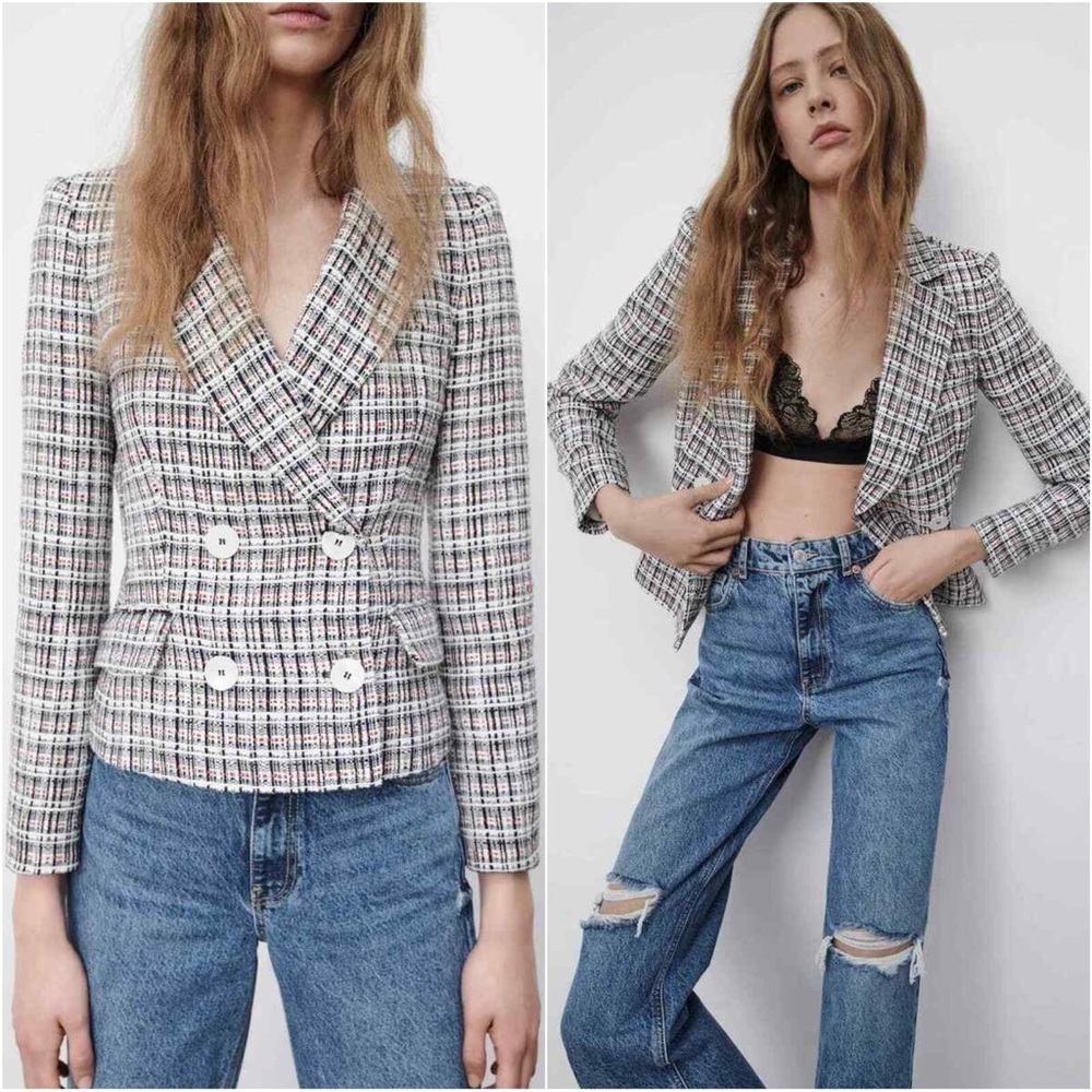 Zara Jacket Double Breasted Blazer Tweed Textured Long Sleeve Multicolor S